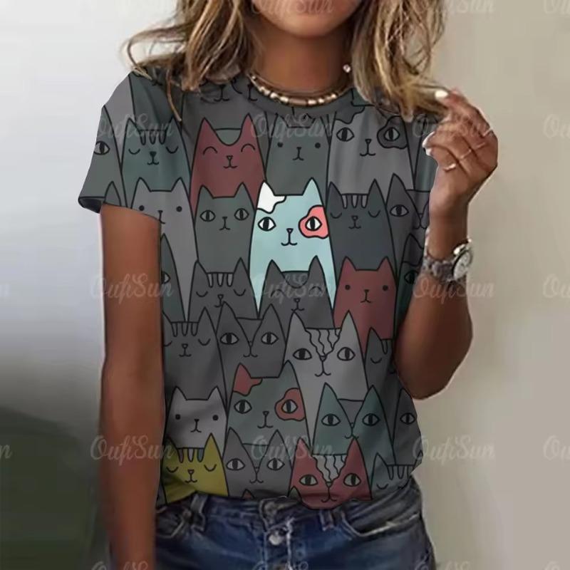 Women's Funny Print Cat Graphic Crew Neck T-Shirt Casual Short Sleevet-Shirt Fashion Daily Tops Women's Clothing
