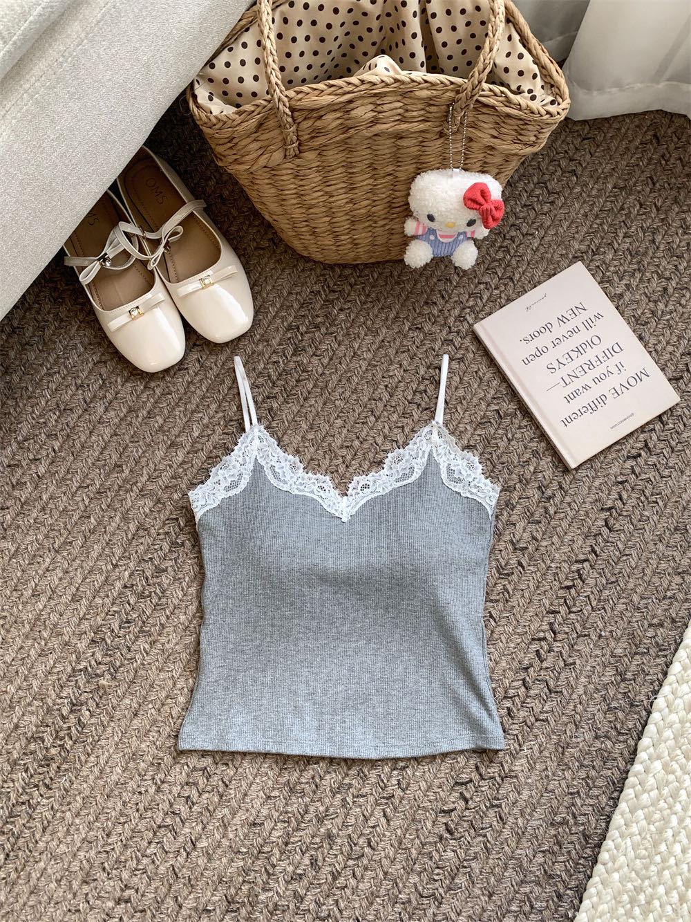 

Серый кружевной облегающий топ-майка со встроенными чашечками - Женский летний топ без рукавов One size серый