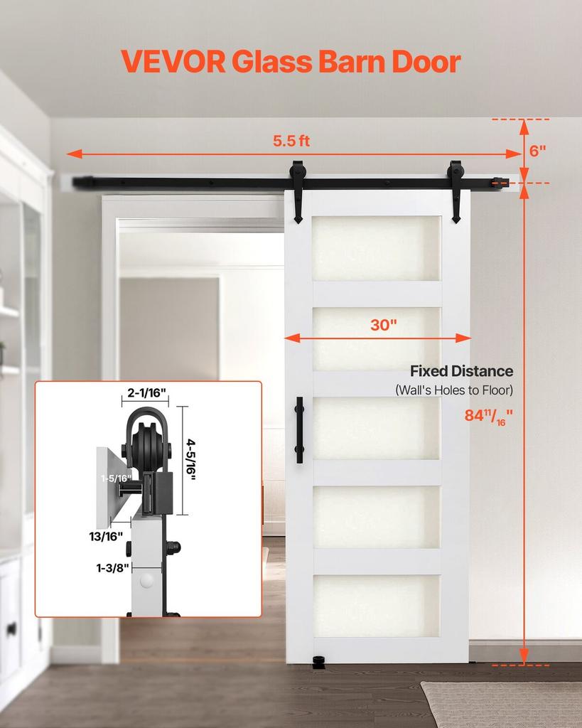 Sliding Barn Door, 762 X 2134mm, High-Strength MDF Panel and Glass, Barn Door with Hardware Kit, Water-Proof PVC Surface, Easy To Install, H-Frame,