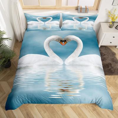 Swan Duvet Cover Set,Blue Sky Hawaiian Ocean Style Bedding Set 3pcs,White Wild Animals Romantic Quilt Cover with 2 Pillowcases
