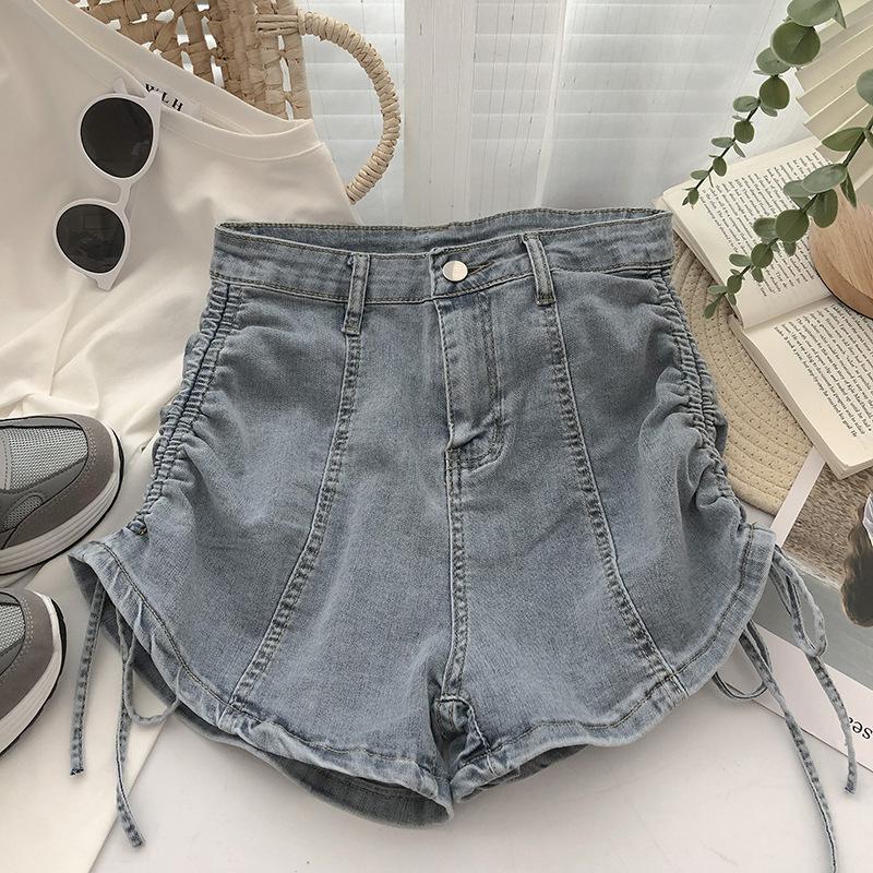 Dar Kesim Moda Çok Yönlü İpli Denim Şort Kadın Yaz İnce Kısım Yüksek Bel Tasarım Anlayışı Bağlı A-kesim Slim Pantolon Düz Geniş Paça Pantolon