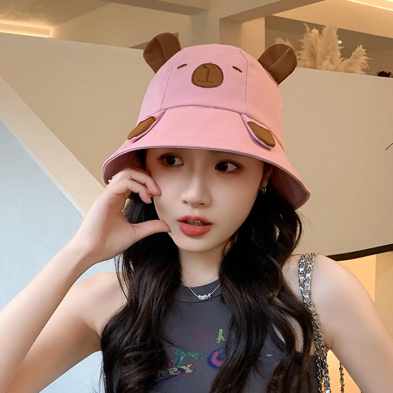 

Cartoon bear fisherman hat children spring and summer big head circumference washbasin hat outdoor face covering student hat