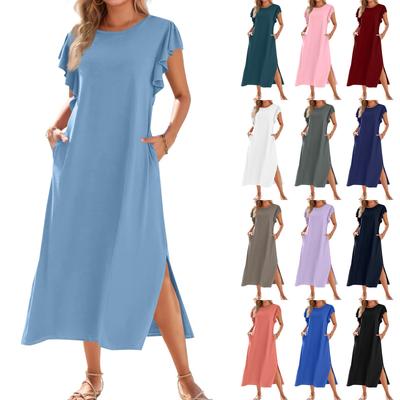Modisches Sommer-Freizeitkleid für Damen mit Faltenärmeln, Lockerer einfarbiger Kurzarm, Runder Krawattenverschluss, Tasche, Strandkleid