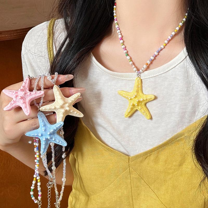 Dopamine Long And Short Beaded Starfish Necklace For Women Summer Seaside Holiday Style Exaggerated Clavicle Chain Accessories