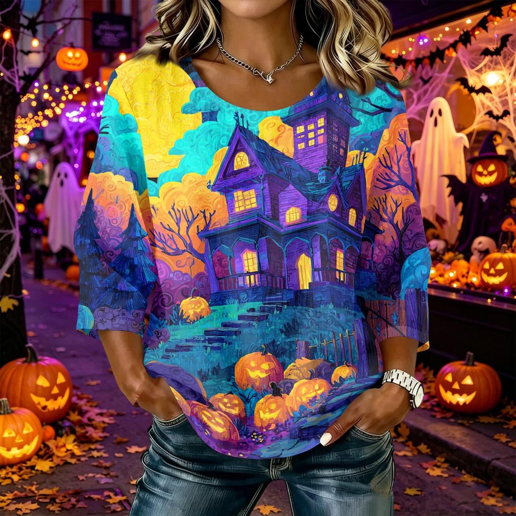 Damen Freizeit Halloween Kürbisdruck Rundhals Dreiviertelarm Leinen Baumwolle Mischgewebe Oberteil Leicht Bequeme Passform