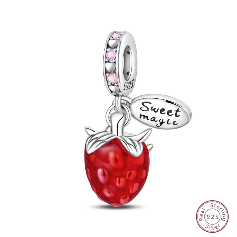 Copper Beaded Pendant Red Shiny Zircon Fruit Strawberry Cherry For Original 3Mm Bracelet Women Fine Jewelry