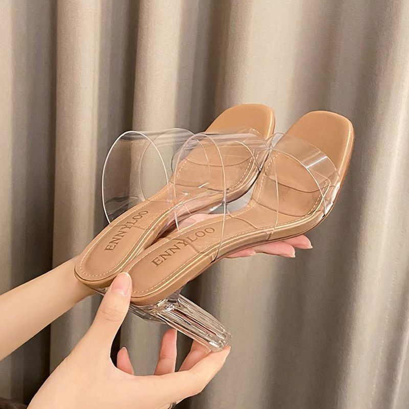 This Year's New Cool Slippers Women's Wear 2025 Summer Internet Celebrity Super Fire Transparent Crystal and Thick Heel High Heel One-word