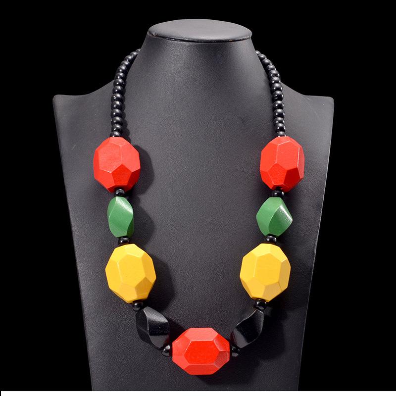 Богемное Ретро Заявление Цветные Геометрические Большие Деревянные Подвески Ожерелье с Черной Бусинной Цепочкой Ручная Работа для Женщин
