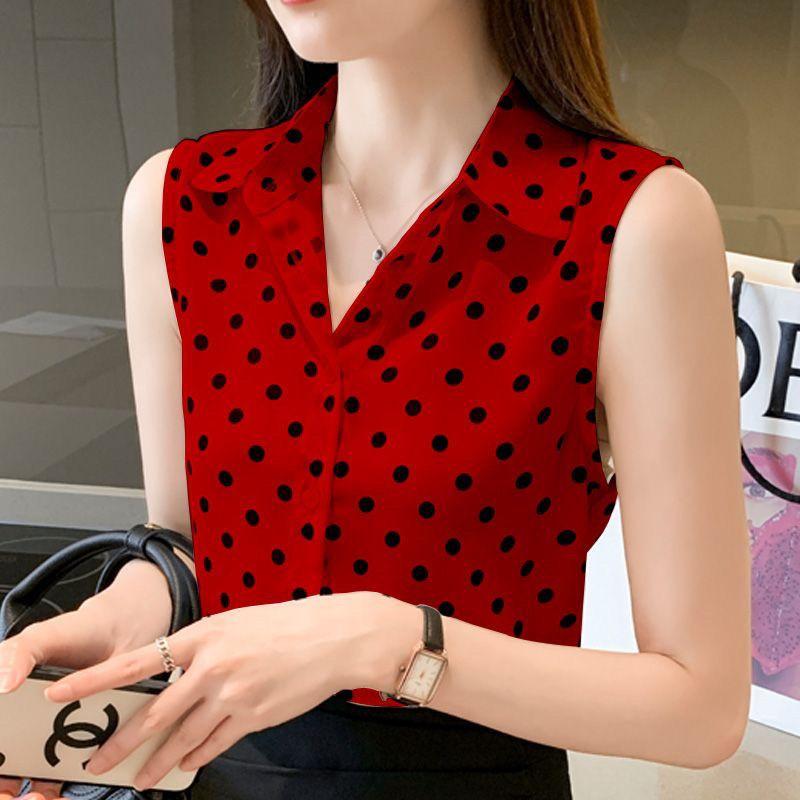 Fashion Summer Tank Blouses Korean Commuter Printed Polka Dot Polo Collar Sleeveless Chiffon Loose Button Women's Shirts