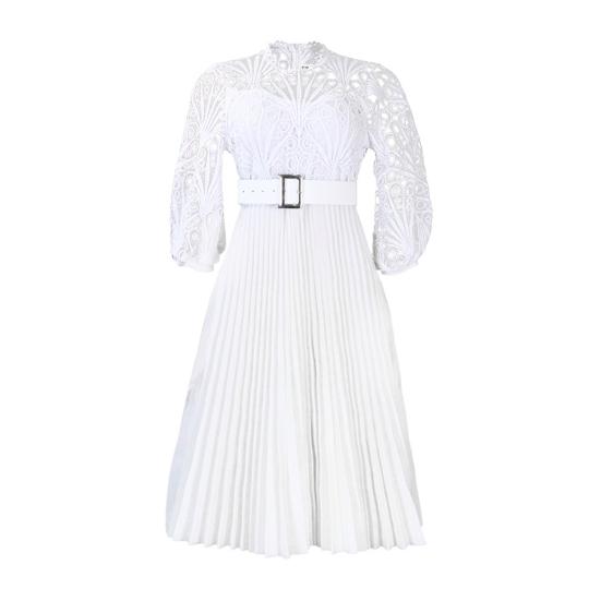 Women's 45720 Sleeve Lace Crochet Midi Dress Hollow Out Eyelet Pleated Swing Dress Fall Casual