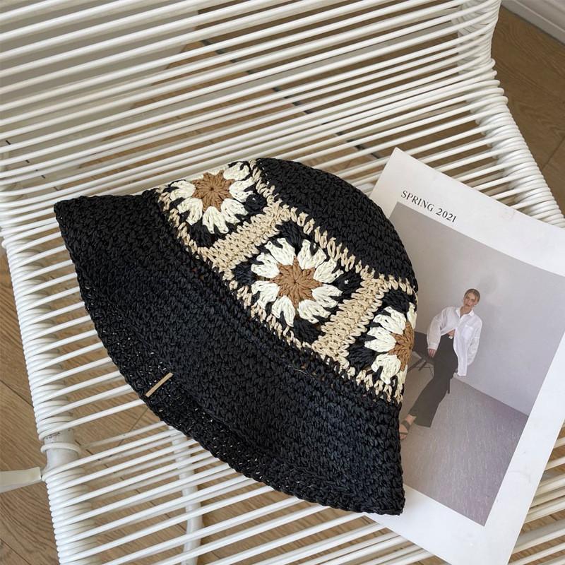 Женская летняя пляжная солнцезащитная шляпа из соломы, ажурная, дышащая, кепка от солнца чёрный