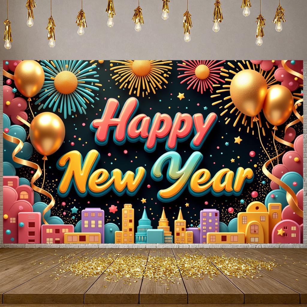 New Year Backdrop Party Backdrop Happy New Year Banner Golden Balloons Celebration Display For New Year Party Home
