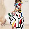 Women Plus Size Round Neck Short Sleeve Abstract Printed White Purple Gray A Line Long Dress