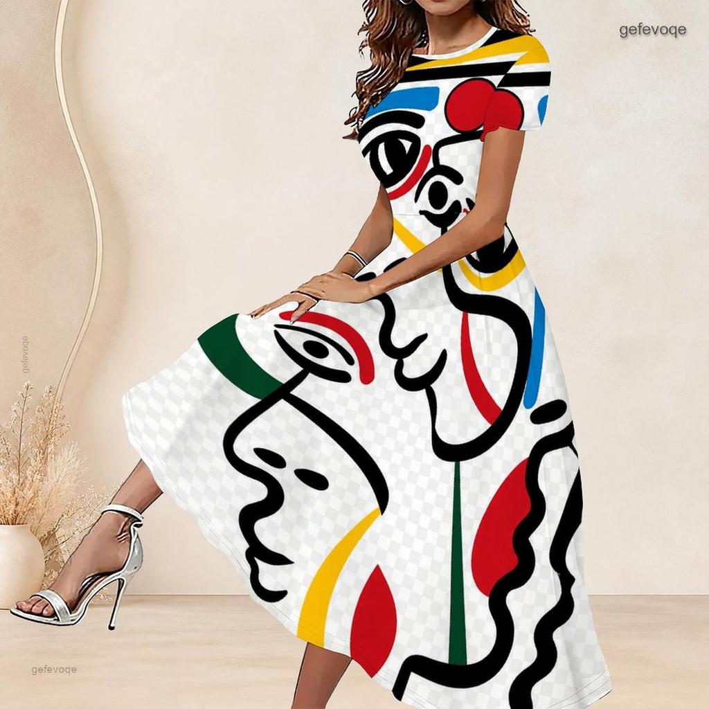 Women Plus Size Round Neck Short Sleeve Abstract Printed White Purple Gray A Line Long Dress