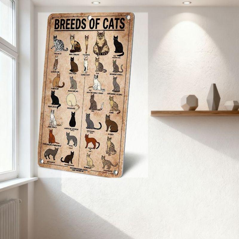 Vintage Breeds of Cats Tin Sign Metal Poster 24 Cat Breeds Illustrations Retro Wall Decor for Home Bar Pub Decorative Sign with