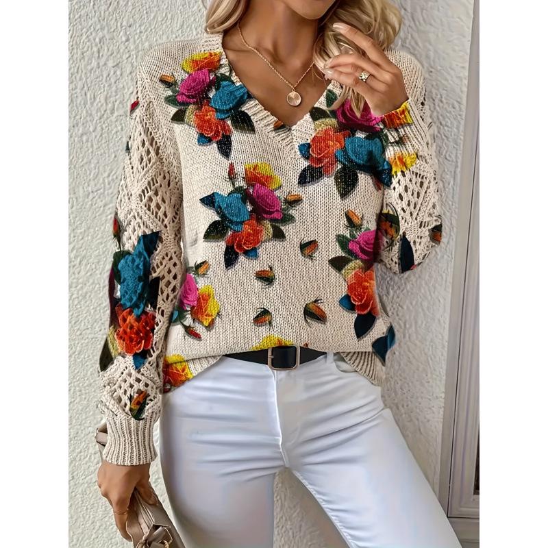 Bohemian Floral V-neck Sweater - Elegant, Long Sleeve Pullover Top