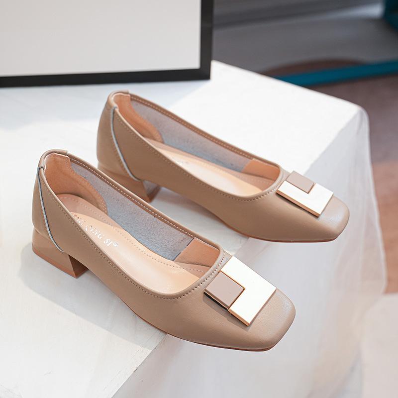 

Модная обувь на среднем каблуке 3 см Женские туфли-лодочки из натуральной кожи с квадратным носком Мэри Джейн Женские лоферы с металлической пряжкой Офисная обувь 2025 4.5 хаки