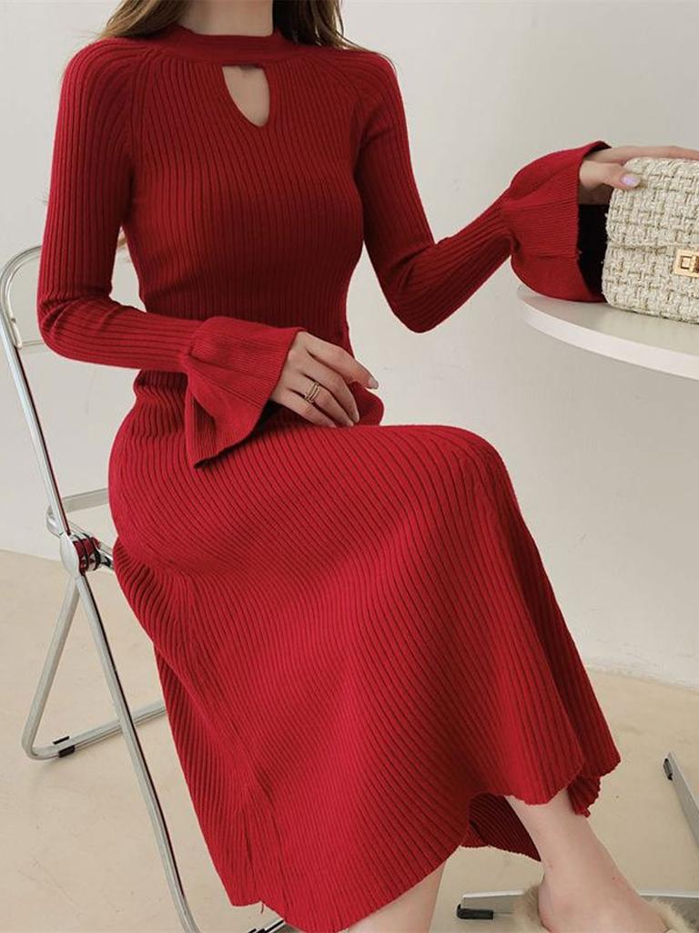 Women's Knitted Dress Long Sleeves Half Turtleneck Sweater Dress Hollow Fashion Clothing Autumn Winter