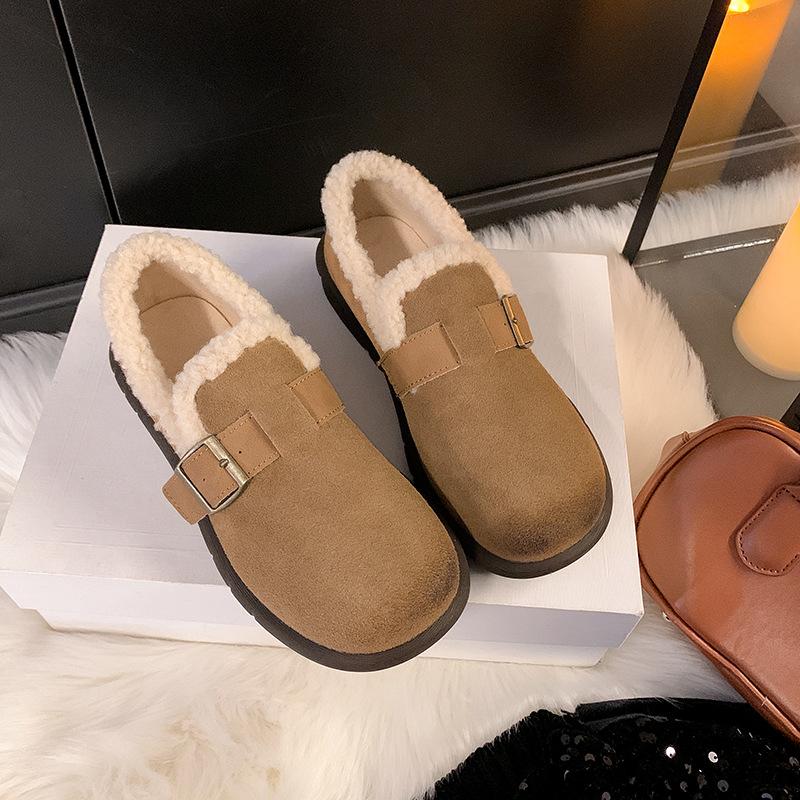 New spot Boken shoes with fleece round head 2025 autumn and winter one-pedal fluffy shoes leather bag head retro Boken single
