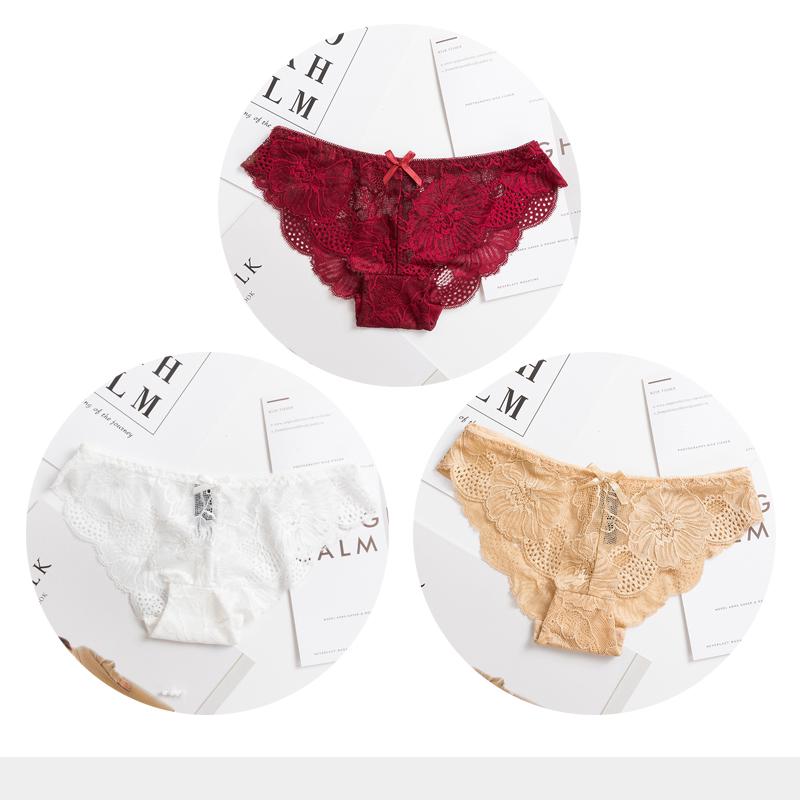 Panties Woman Sexy Lace Briefs Transparent Female Underwear Hollow Out Cotton Crotch Girls Underpants 3 Pcs/Set