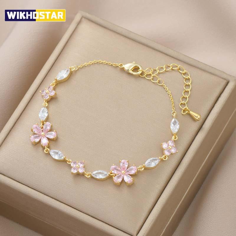 Luxus Buntes Zirkon-Blumenarmband für Damen Mädchen Koreanisch Süß Goldfarbe Kristall Verstellbares Armband Schmuck Geschenk