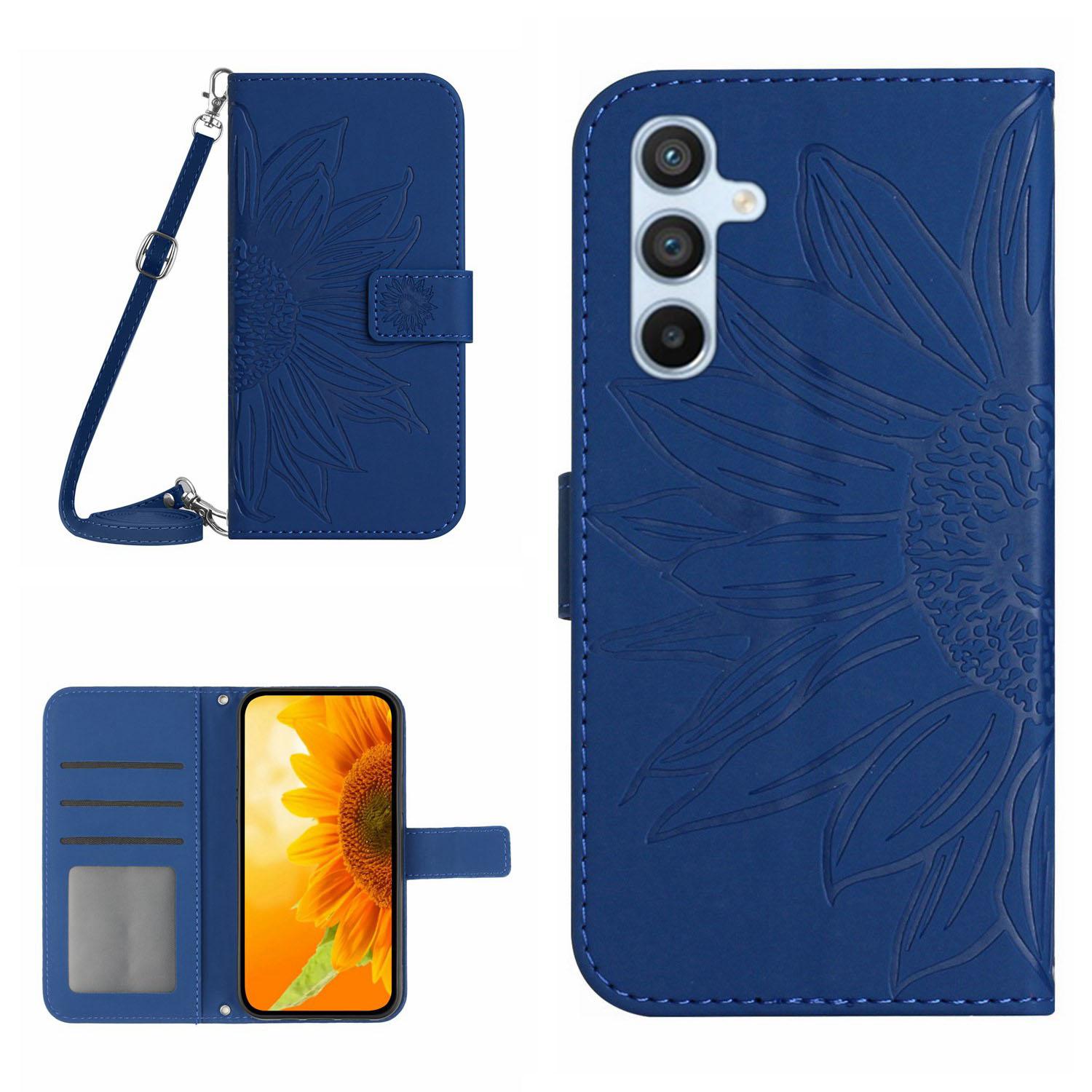 

HT04 For Samsung Galaxy A56 5G/M56 5G Case Sunflower Imprint PU Leather Phone Cover with Long Strap Sapphire
