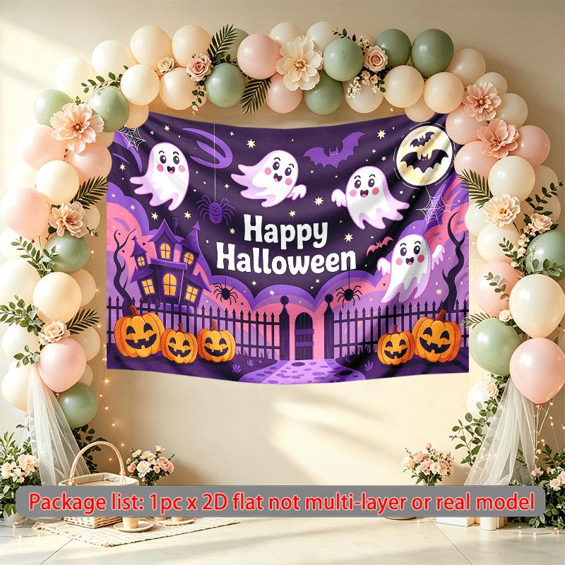 Pumpkins Ghosts Halloween Night Backdrop, Spooky Polyester Banner for Party Decor & Photos
