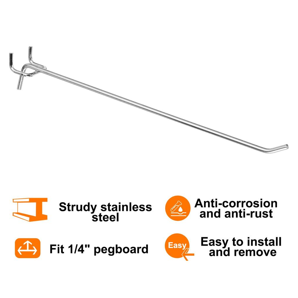 uxcell Stainless Steel Pegboard Tool Organizer Holder for and Silver 50-Pack 10-Inch Hooks, Wall-Mounted Workbench, Garage, Kitchen, Shop,