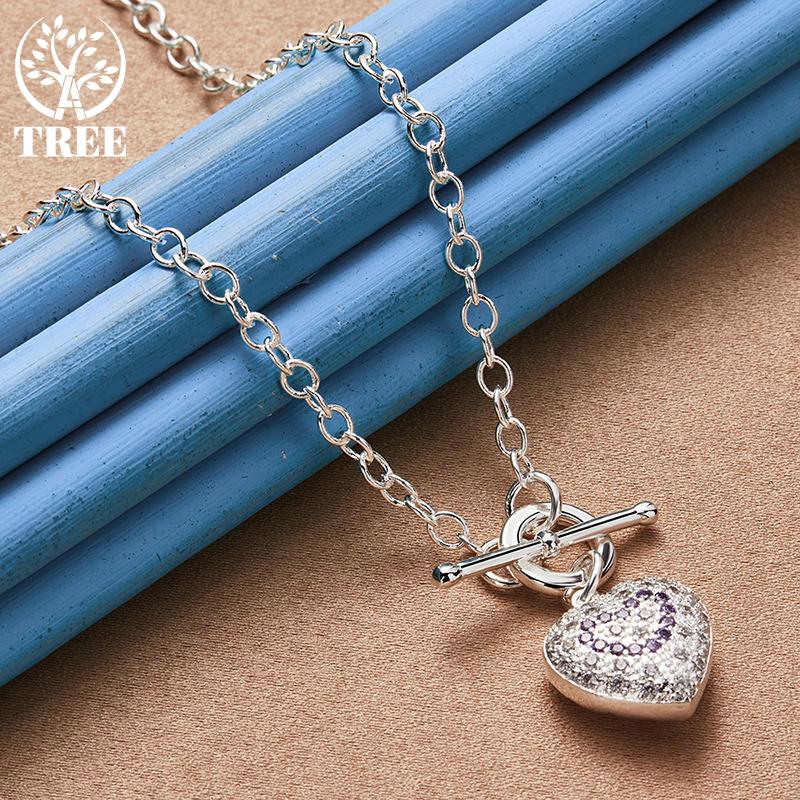 925 Sterling Silver Purple AAA Zircon TO Lant Heart Pendant Collier Bijuterii