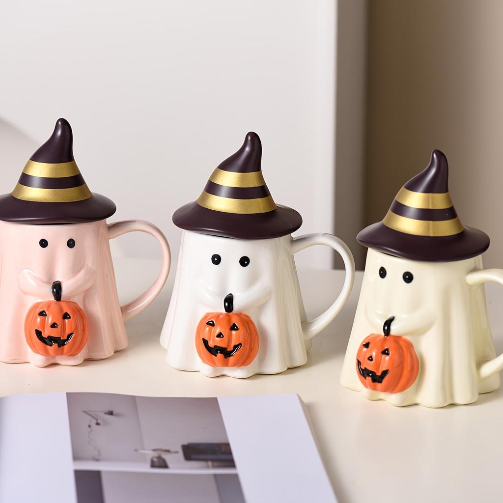 1ks 450ml/15oz Halloweenský keramický hrnek na kávu s 3D roztomilým dýňovým designem, novinkový hrnek s duchem s rozkošným dýňovým obličejem a kloboukem