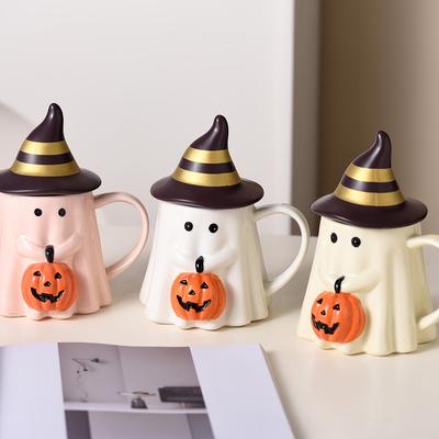 1 Stück 450ml/15oz Halloween Keramik Kaffeetasse mit 3D Niedlichem Kürbisdesign, Neuartige Geistertasse mit entzückendem Kürbisgesicht und Hut