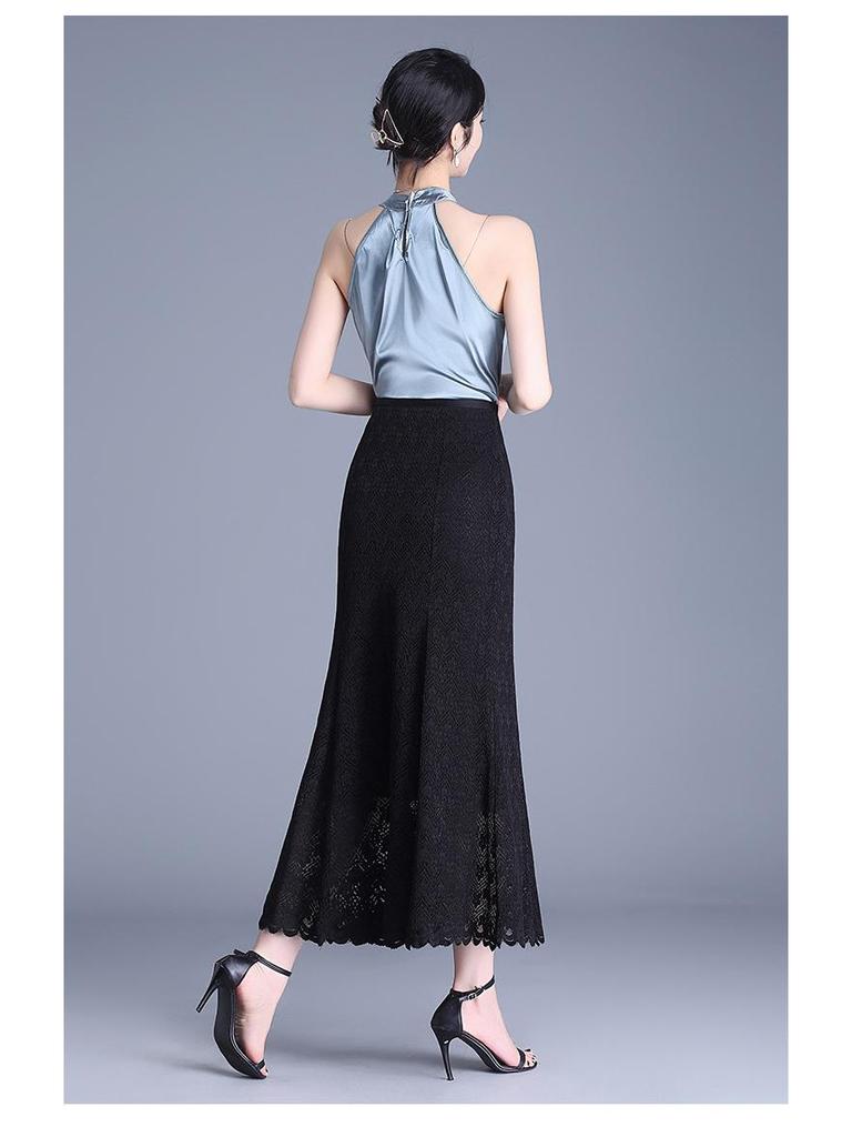 Women's Elegant High Waist Lace Fishtail Midi Skirt - Spring 2026