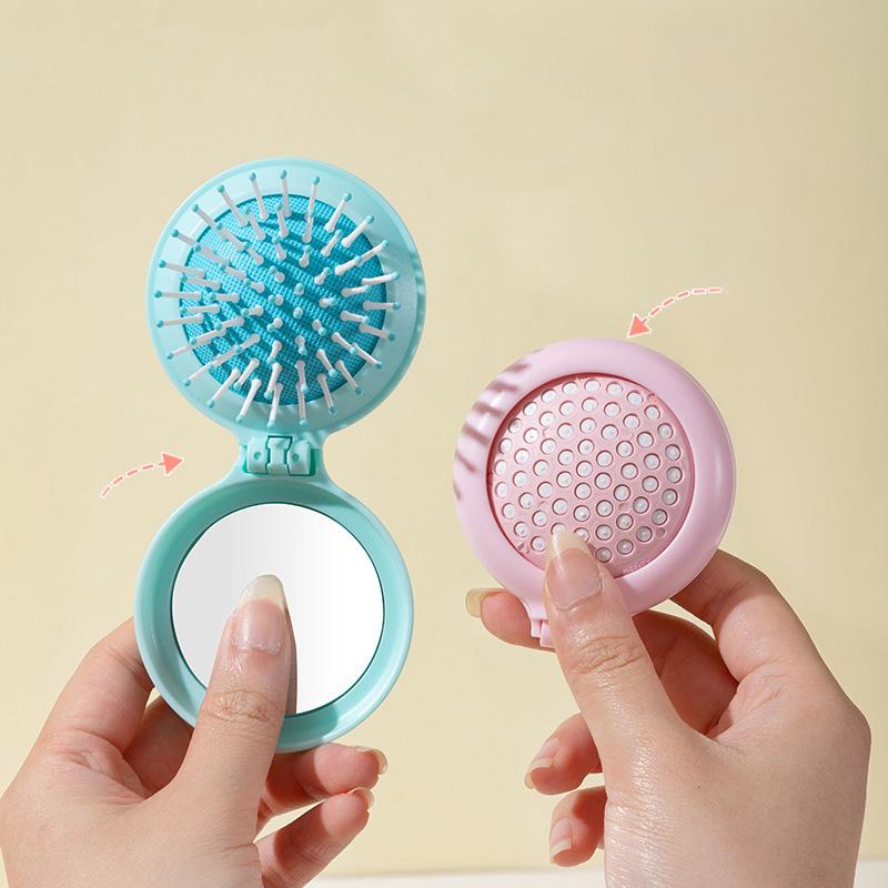 1pc Mini Pocket Mirror Folding Comb Anti Static Portable Round Pocket Airbag Massage Comb with Mirror Styling Comb