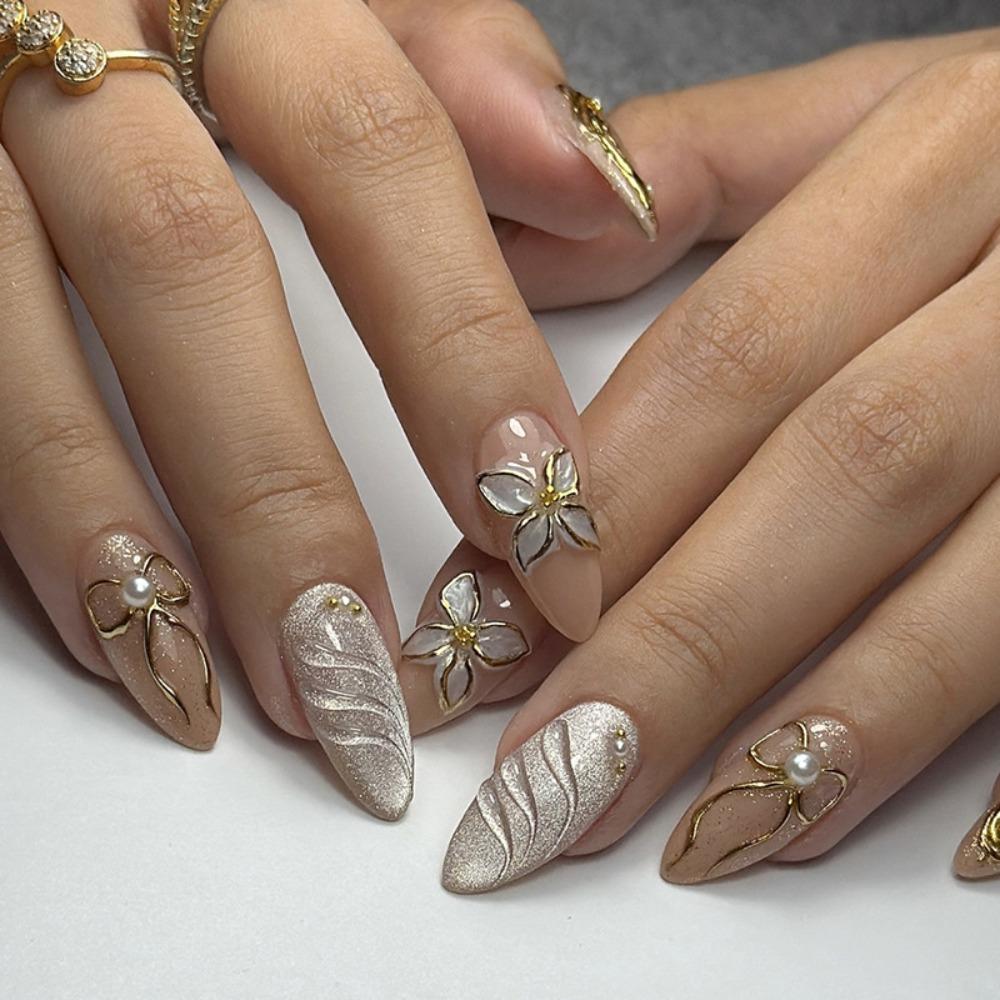 24pcs Manicure Long Almond False Nails Gilded Flower Pearl French Fake Nials Detachable Star Bow Press on Nails Women