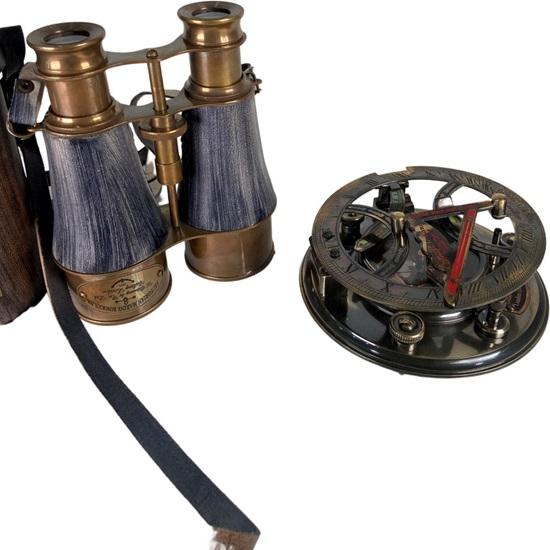 Victorian Marine Brass Grey Leather Binocular with Gilbert Sons Sundial Compass Navigational Home and Table Decor