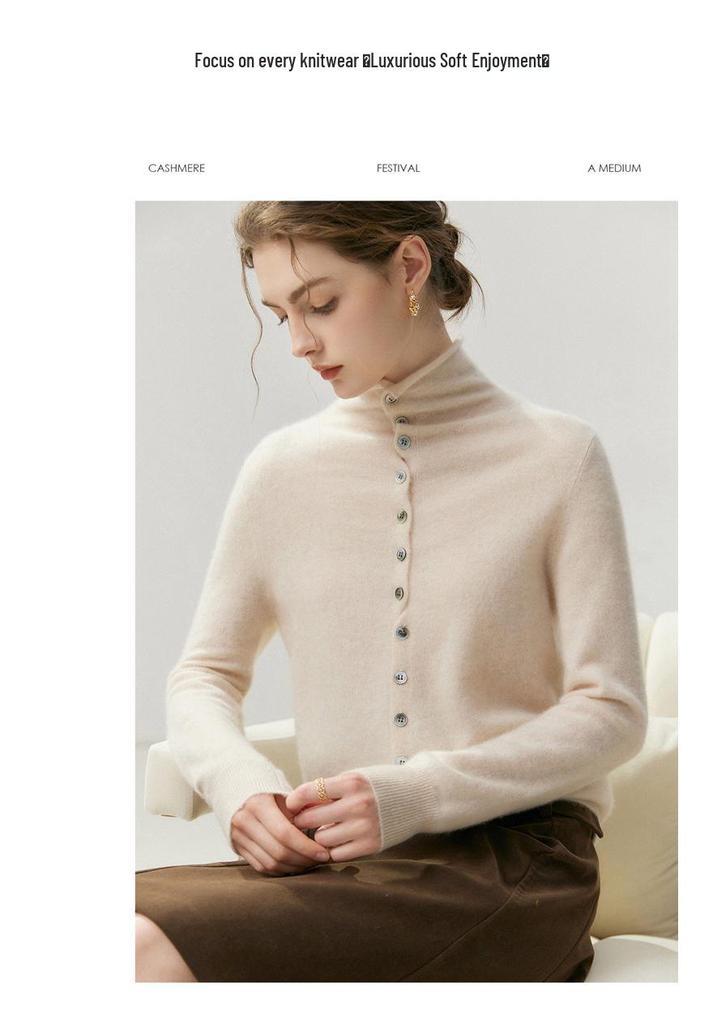 High Neck Cashmere Cardigan: Autumn/Winter Button-Up Rolled Hem Knitwear Sweater for Women.