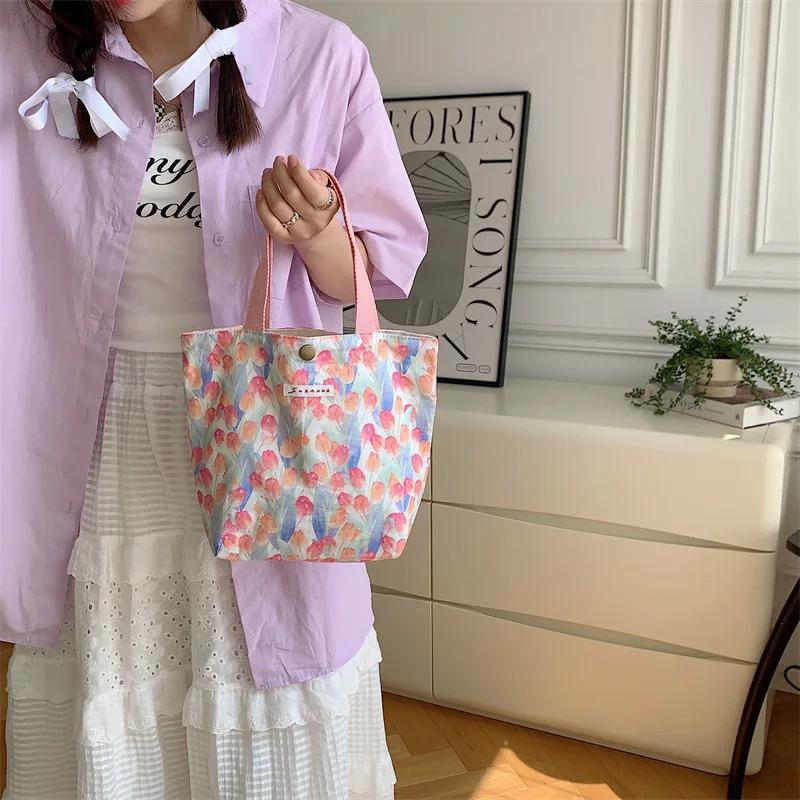 Korean Cloth Handbags Lunch Box Bag Women's Beauty Flower Canvas Bag Outside Shopping Toiletry Phone Oagnzier Storage Bags