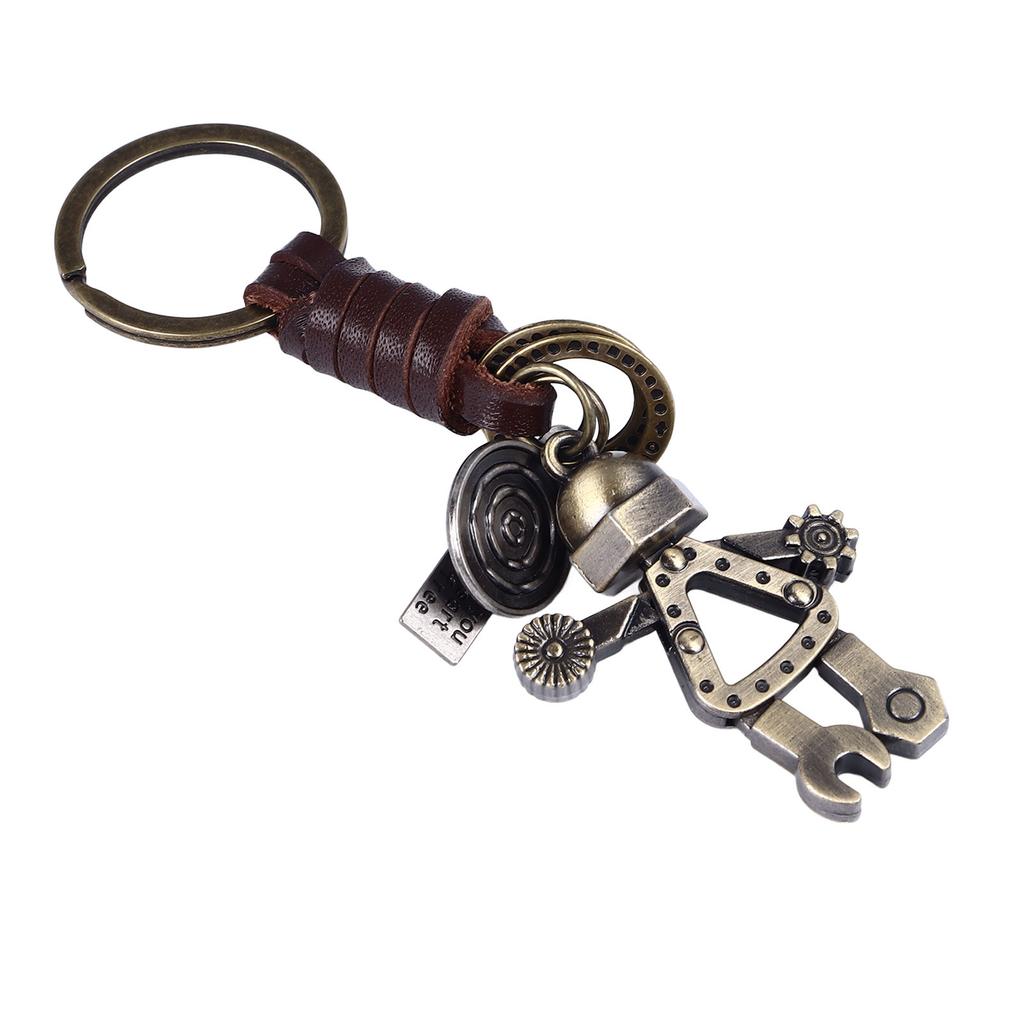 Vintage Roboter Schlüsselanhänger Bewegliche Beine PU Leder Gewebter Anhänger Schlüsselringe für Schlüssel Rucksack