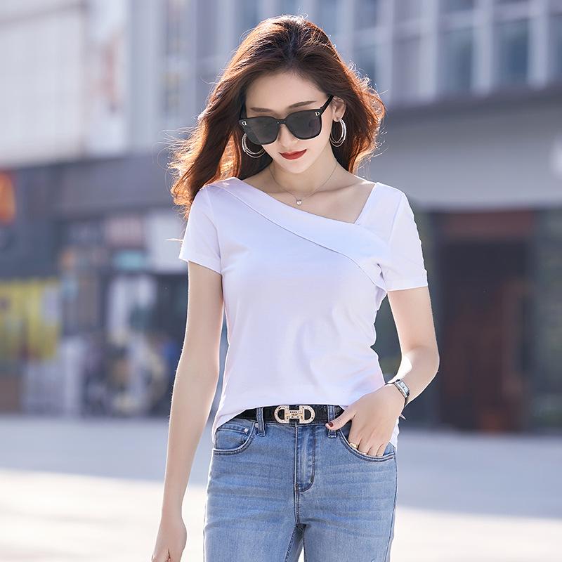 Clearance Women's Slanted Shoulder Modal Cotton Short Sleeve T-Shirt - Stylish & Comfortable
