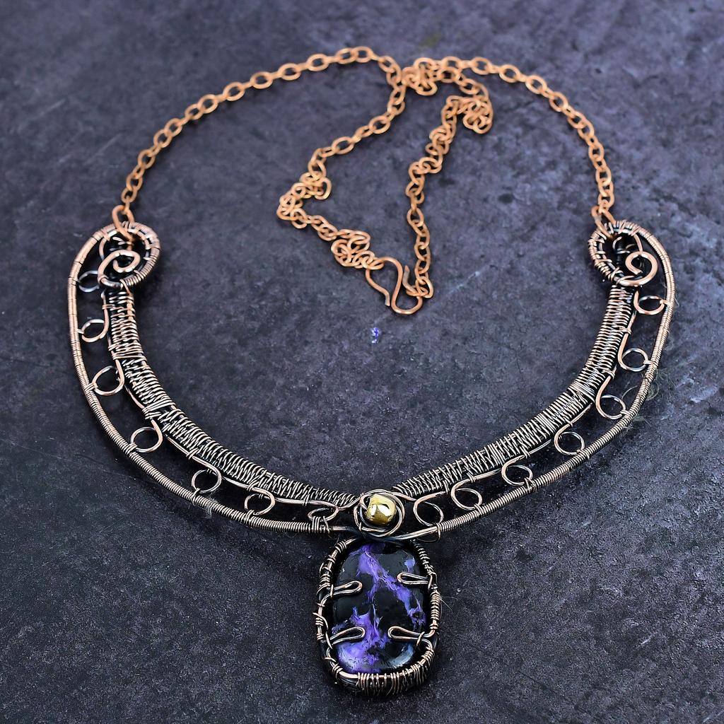 Russian Charoite Gemstone Handmade Copper Wire Wrap Jewelry Necklace 18" ET-4949