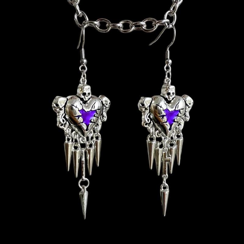 Abi Feng Gothic Punk Red Heart Skull Earrings with Rivets and Thorns