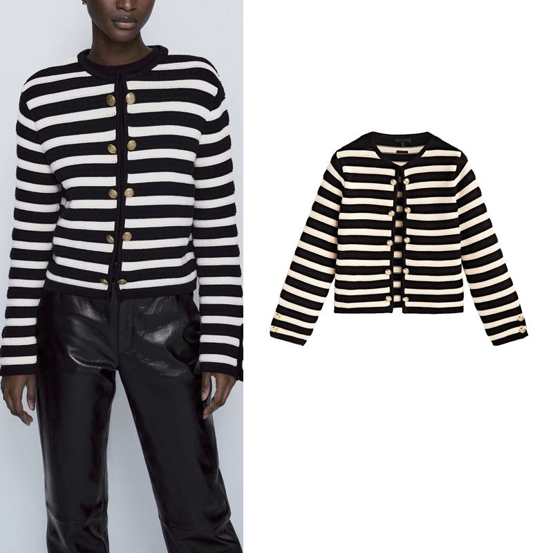 MD Spring New Arrival Women Retro Debutante Style Contrast Color Stripes Cardigan Round Neck Long Sleeve Knitted Coat 5637624