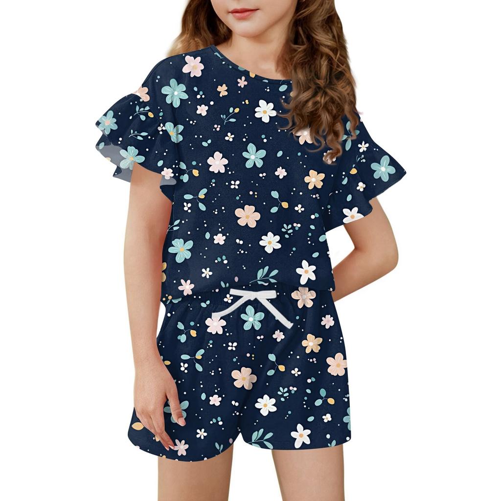 Girls' Summer Outfit Ruffle Sleeve Top And Shorts Clothing Set Lightweight Casual Two Piece