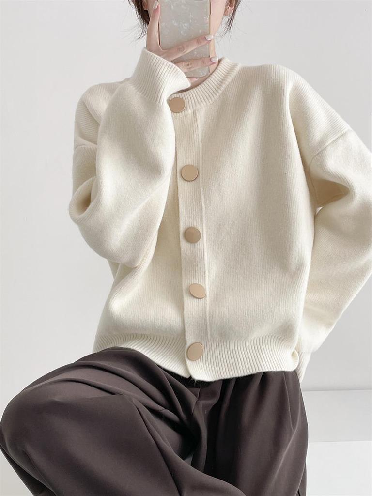 Design-Sense Einfarbiger Strickcardigan - Lockerer Rundhalsausschnitt, Einreiher, Vielseitig für Herbst/Winter 2024