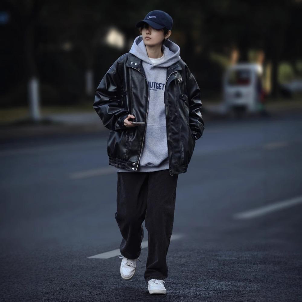 Spring and Autumn American Retro Pilot PU Leather Jacket Men and Women Ruffian Handsome Trend Loose Stand-up Collar Leather Jacket Top