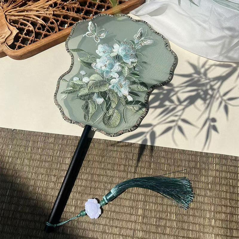Chinese Style Hanfu Ancient Fan Dance Shooting Long Handled Embroidered Classical Double Sided Fan Female Decorative Fan