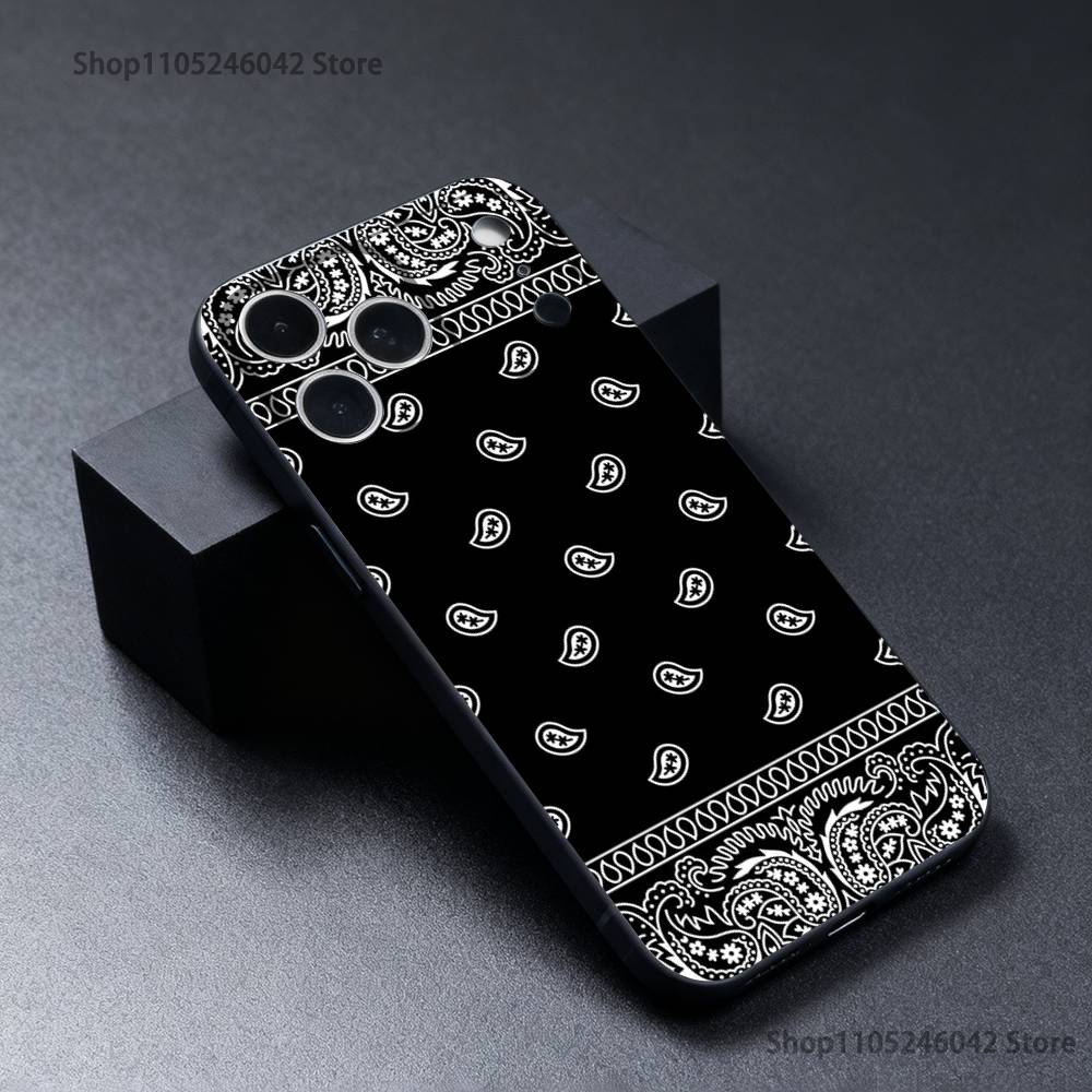 Bandana Pattern Phone Case For iPhone 17,16,15,14,13,12,11,Pro,XS,Max,XR,Plus,E,SE4,Mini Black Soft Cover