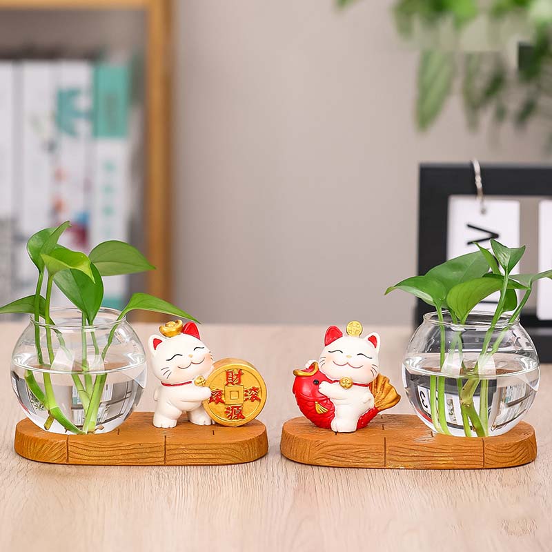 Zhaocai Cat Hydroponic Creative Vase Utensils Vase Living Room Office Desktop Decoration Zhaocai Cat Green Rose Hydroponic
