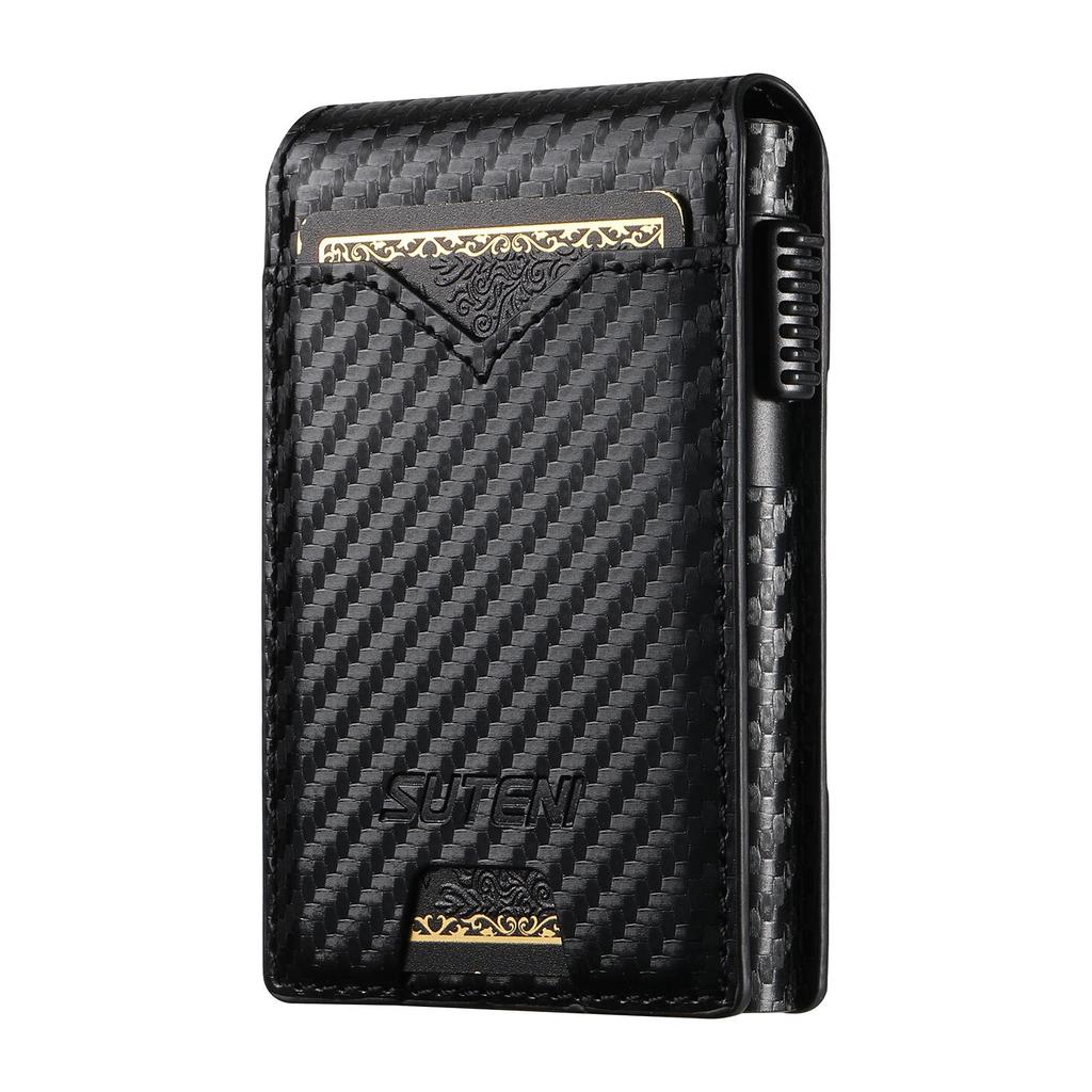 Men's High-Capacity Leather Card Holder with Automatic Pop-Up Mechanism