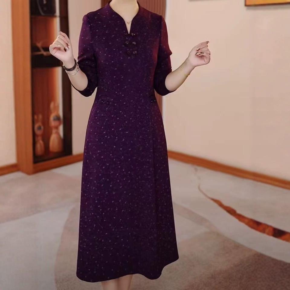 2025 Spring/Autumn Elegant Waist-Slimming Midi Dress for Middle-Aged & Elderly Women